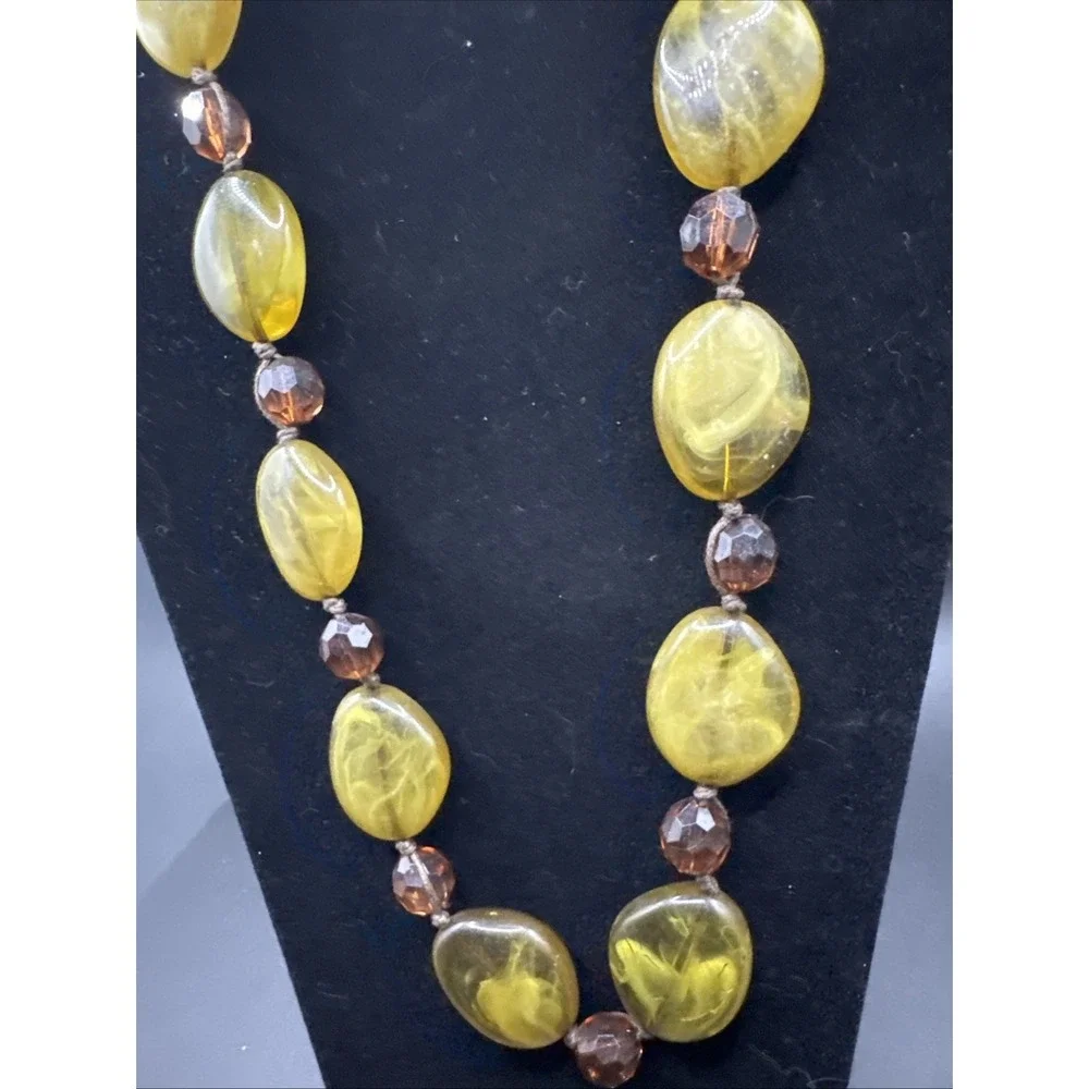 Chunky‎ Yellow Marbled Resin & Amber Glass Beaded Statement Necklace 24 Inch